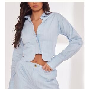 Blue Poplin Pinstripe Pocket Detail Cropped Shirt Size 10 US